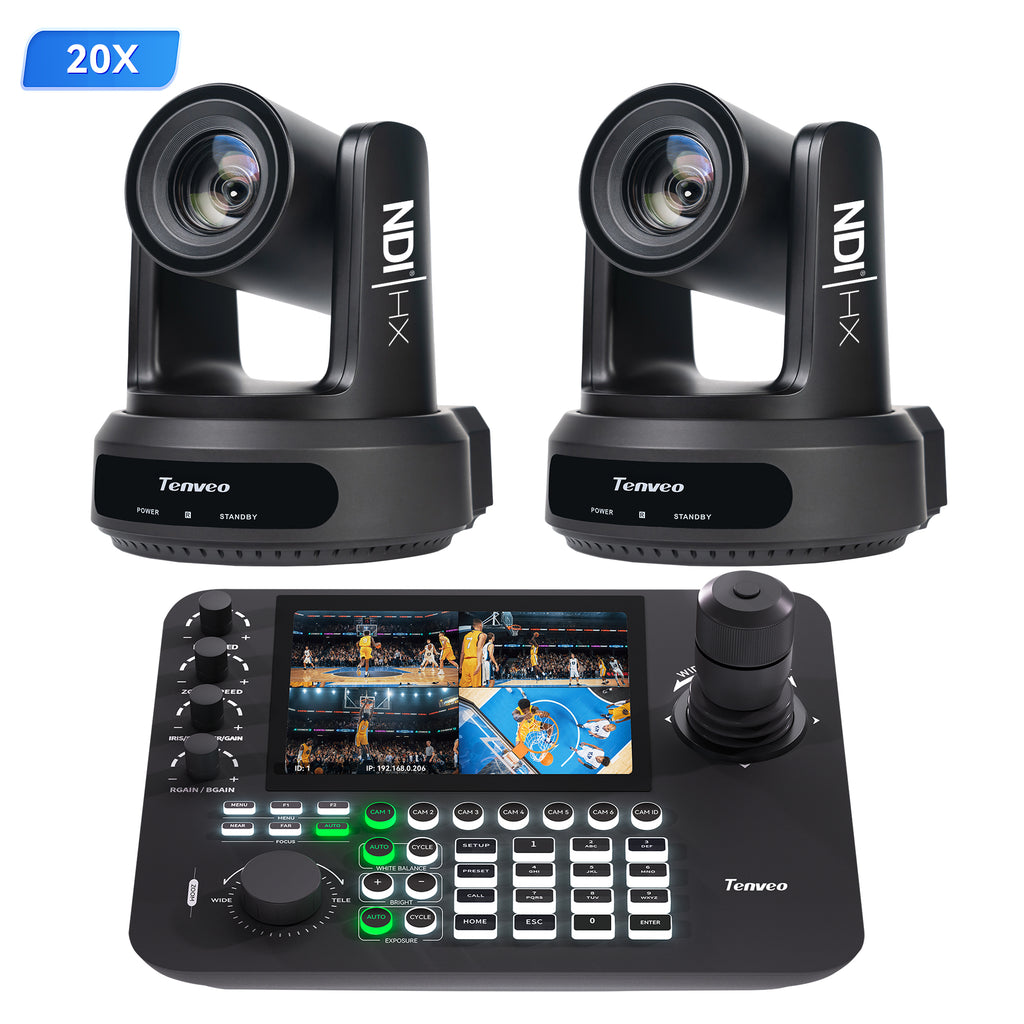 Tenveo 2-Camera 20X PTZ NDI Bundle with AI Auto-Tracking, KB300PRO Joystick Controller, 7" Multi-View & PoE