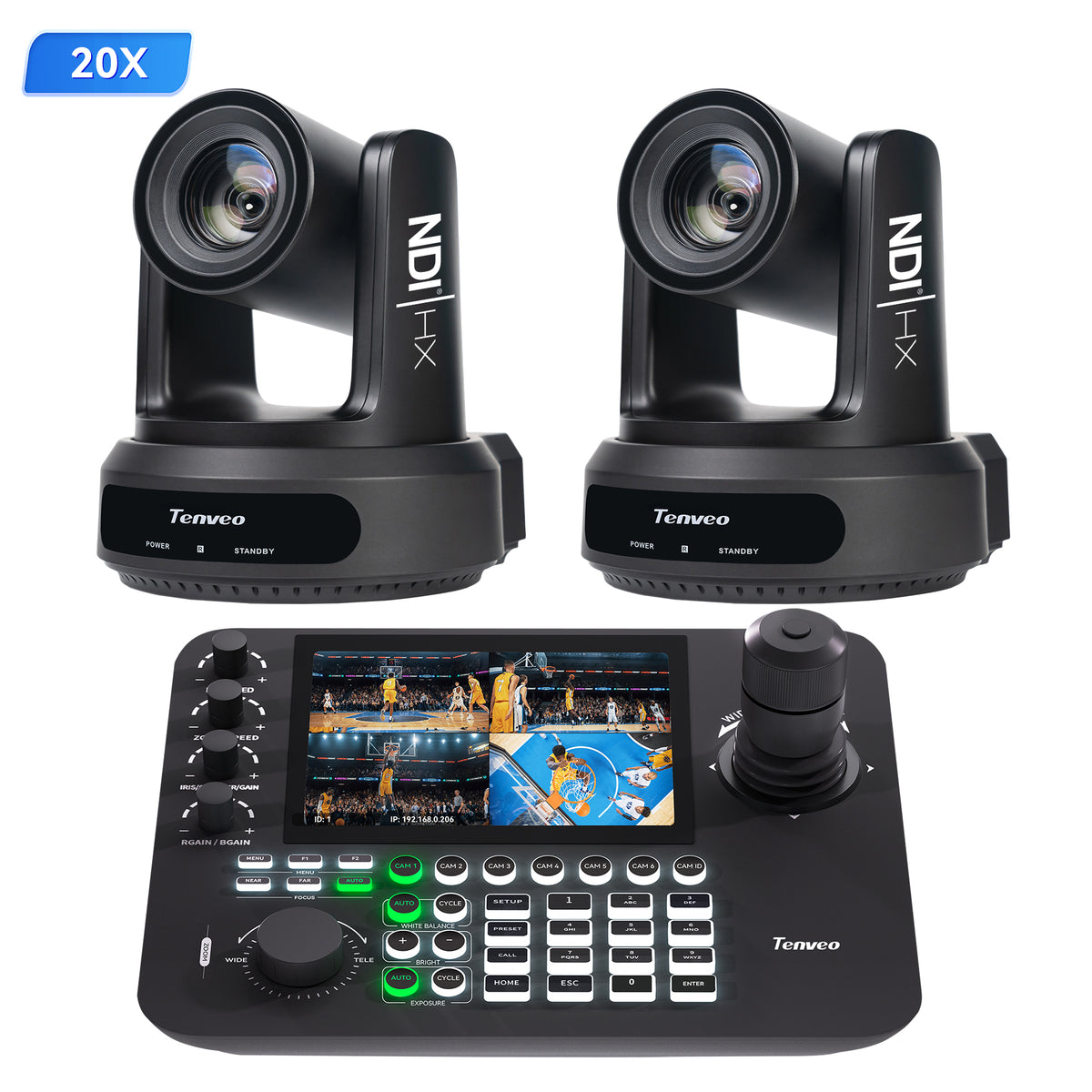Tenveo 2-Camera 20X PTZ NDI Bundle with AI Auto-Tracking, KB300PRO Joystick Controller, 7" Multi-View & PoE
