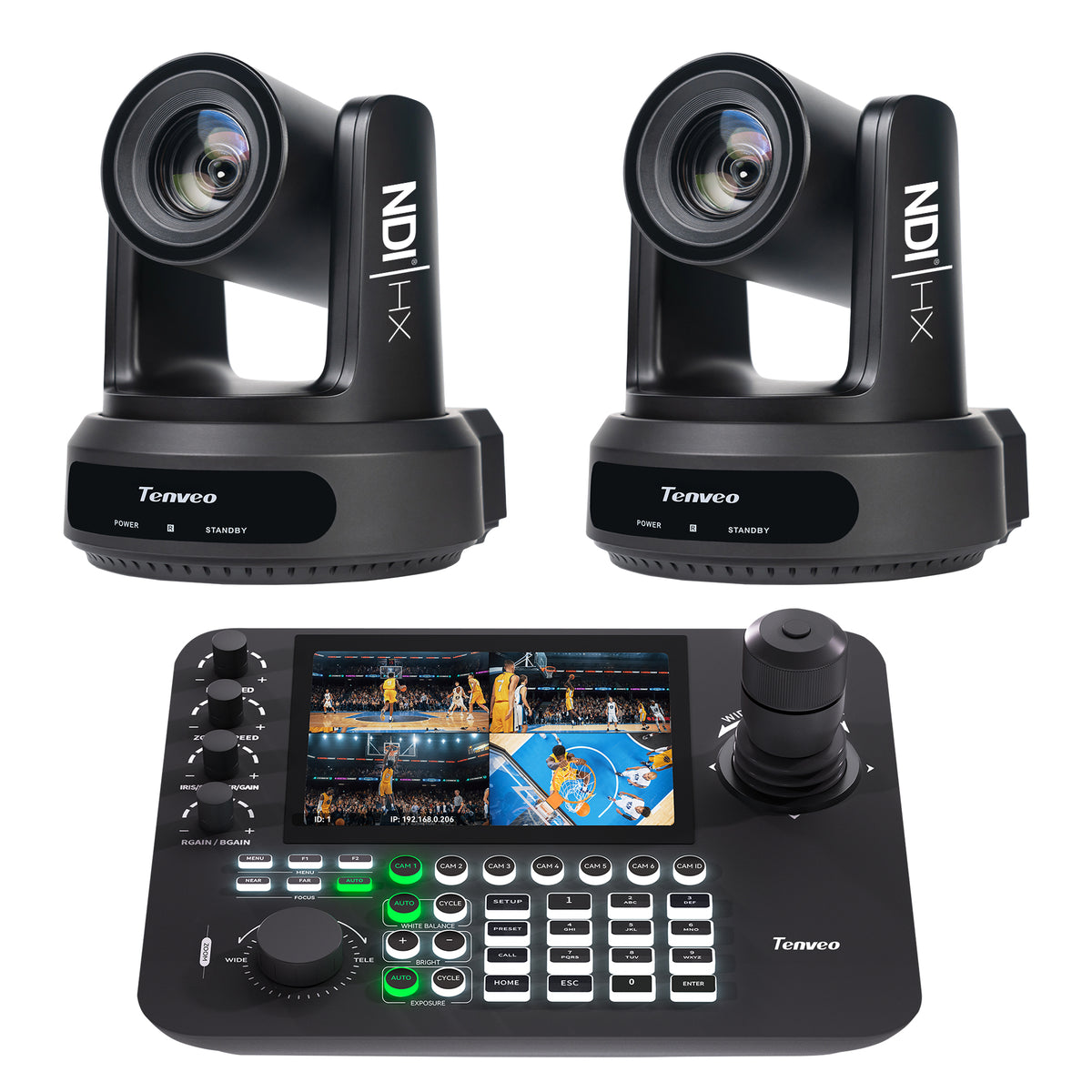 Tenveo 2-Camera 20X PTZ NDI Bundle with AI Auto-Tracking, KB300PRO Joystick Controller, 7" Multi-View & PoE