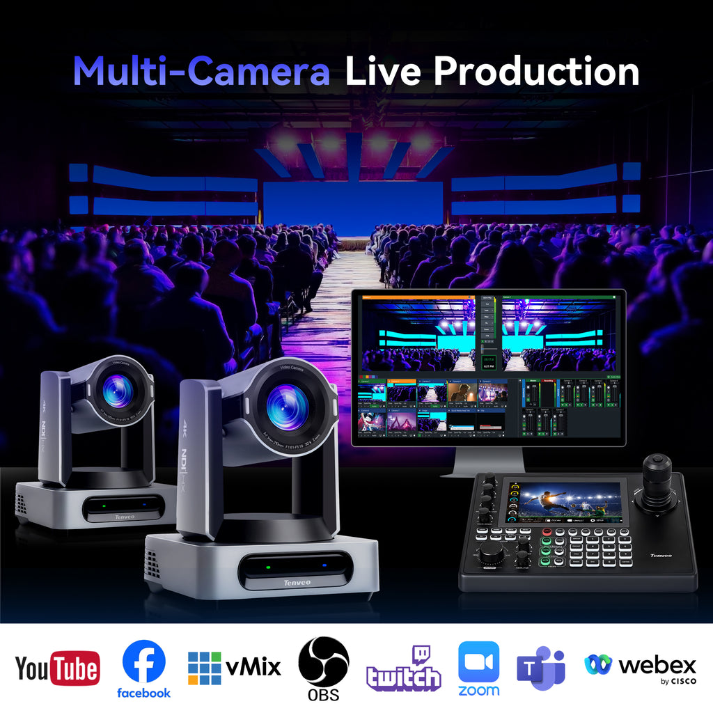 Tenveo 4K 60FPS NDI PTZ Camera Bundle with 3 AI Tracking PTZ Cameras & NDI HX3 Joystick Controller | 30X Optical Zoom Multi-Camera Live Production System