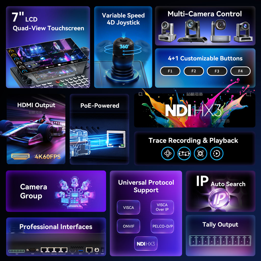 Tenveo 4K 60FPS NDI PTZ Camera Bundle with 3 AI Tracking PTZ Cameras & NDI HX3 Joystick Controller | 30X Optical Zoom Multi-Camera Live Production System