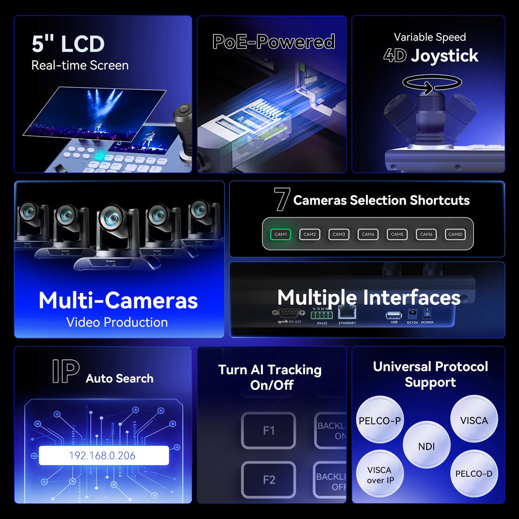 Tenveo KB200MAX NDI PTZ Camera Controller – 5" LCD Preview, 4D Joystick, PoE, Multi-Protocol Control for Professional Live Streaming & Video Production
