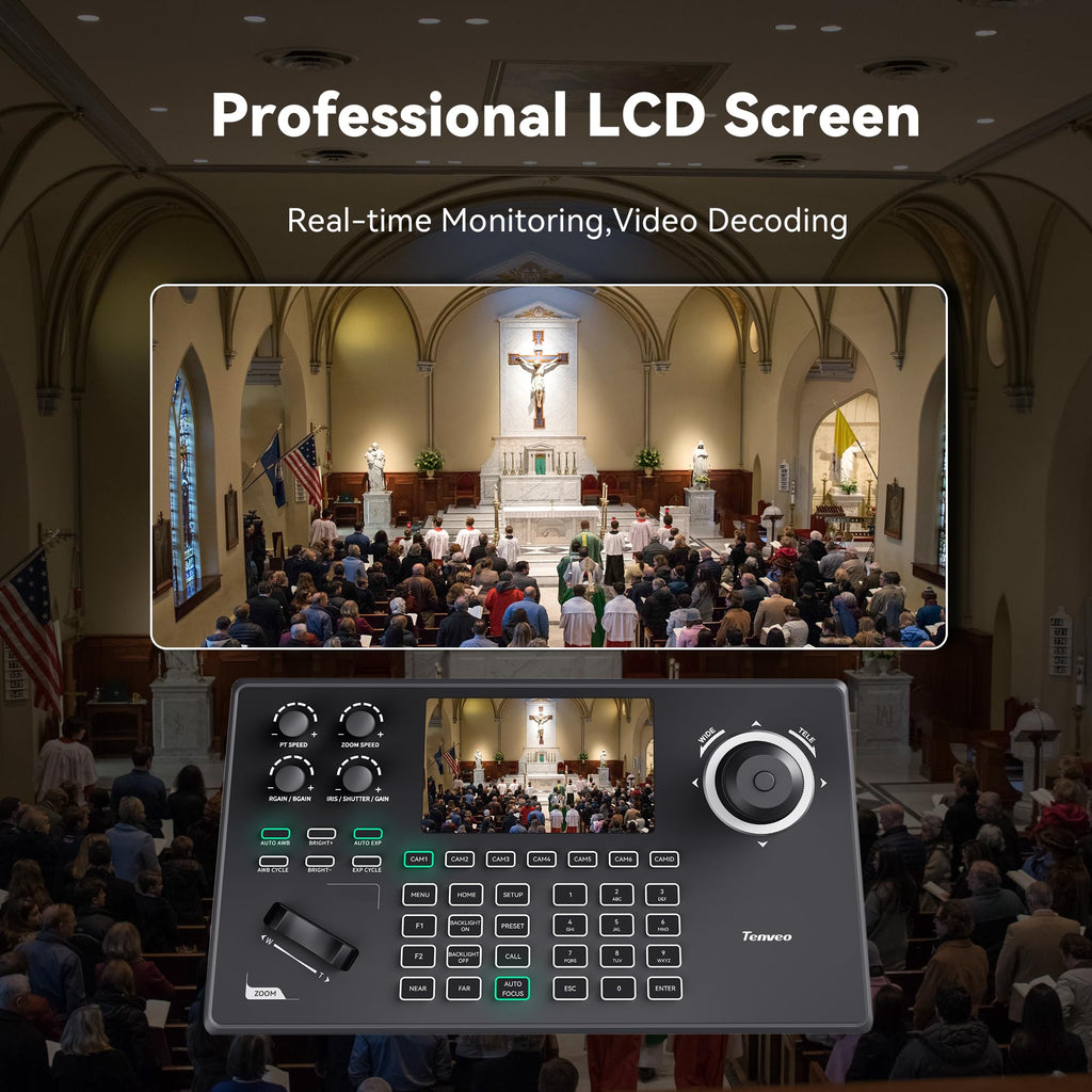 Tenveo KB200MAX NDI PTZ Camera Controller – 5" LCD Preview, 4D Joystick, PoE, Multi-Protocol Control for Professional Live Streaming & Video Production