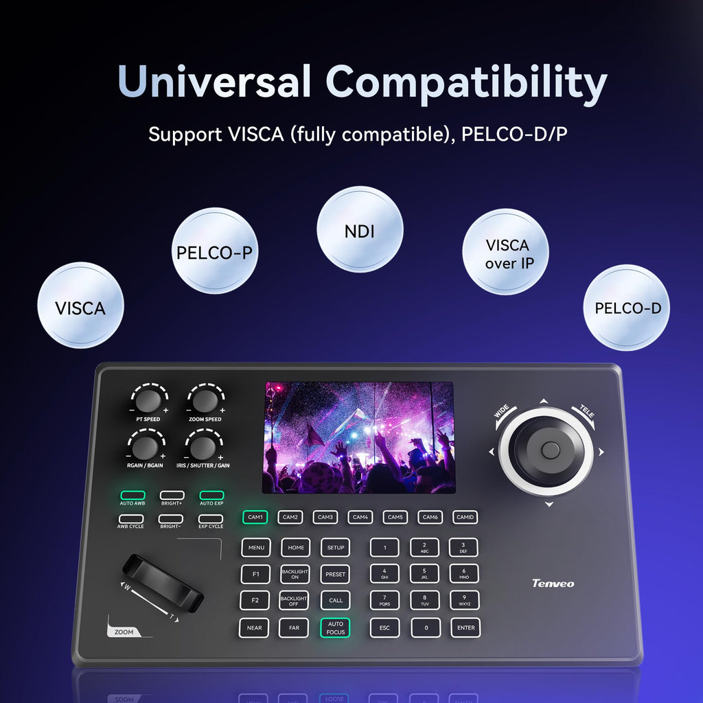 Tenveo KB200MAX NDI PTZ Camera Controller – 5" LCD Preview, 4D Joystick, PoE, Multi-Protocol Control for Professional Live Streaming & Video Production