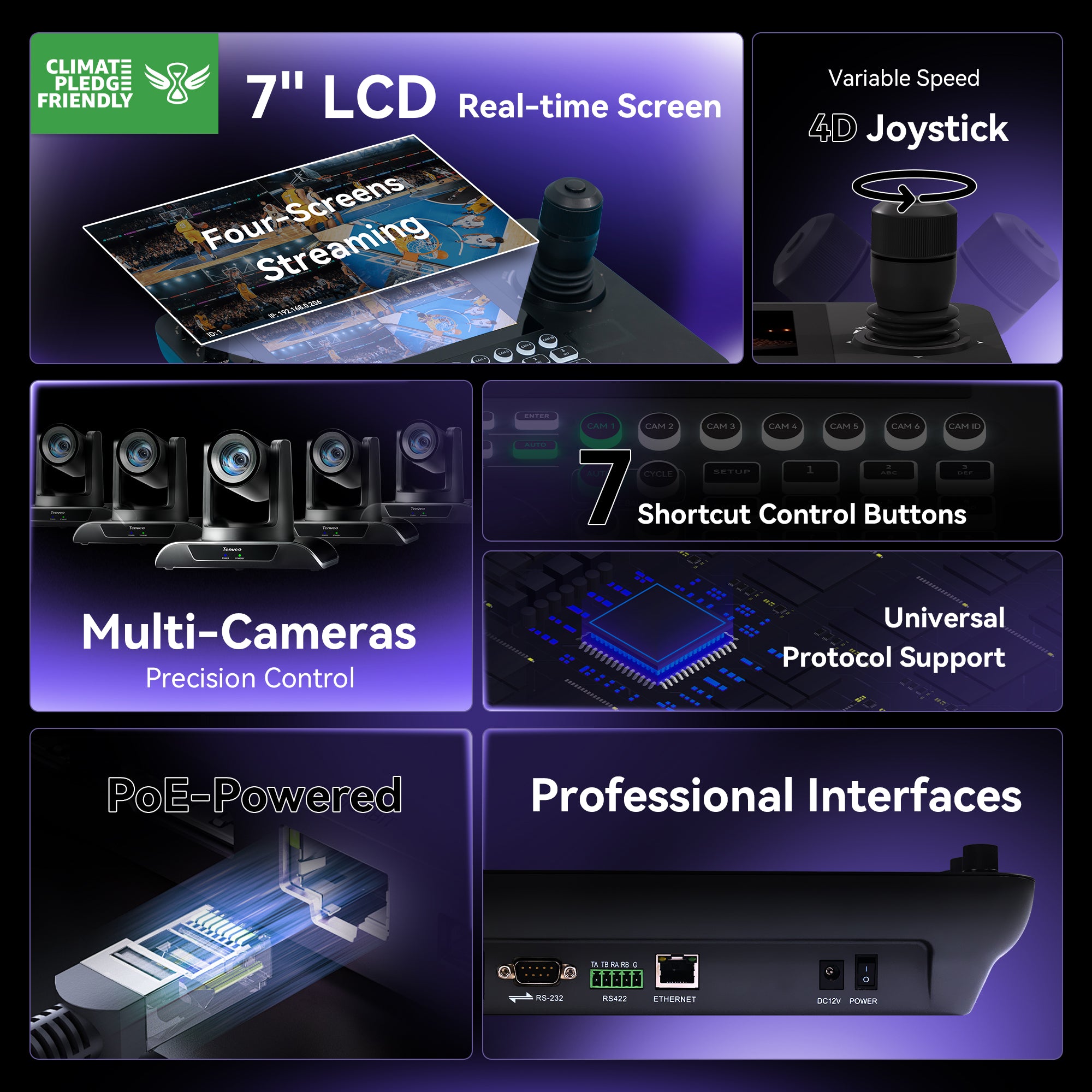 Tenveo NDI PTZ Camera Joystick Controller with 7" LCD Quad-Screen Preview & 4D Joystick for Live Streaming and Church Production