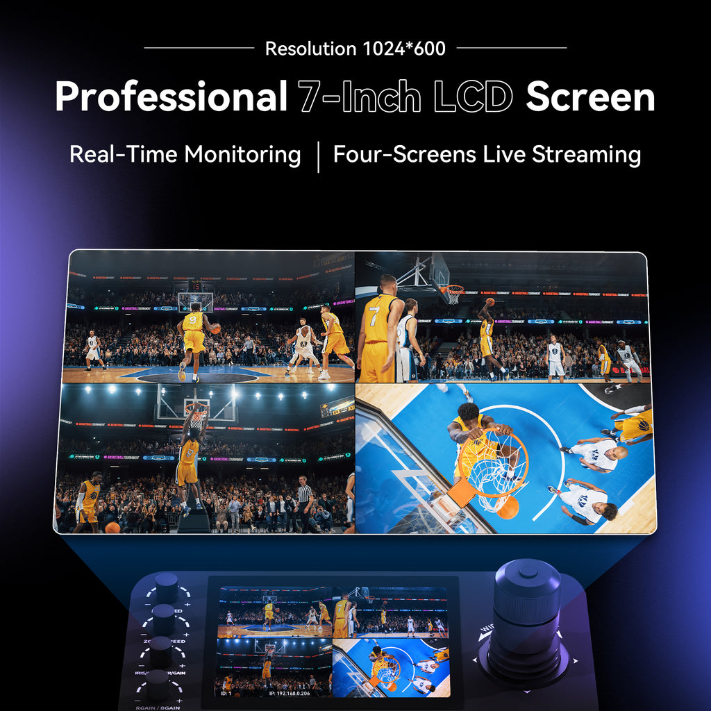 Tenveo NDI PTZ Camera Joystick Controller with 7" LCD Quad-Screen Preview & 4D Joystick for Live Streaming and Church Production