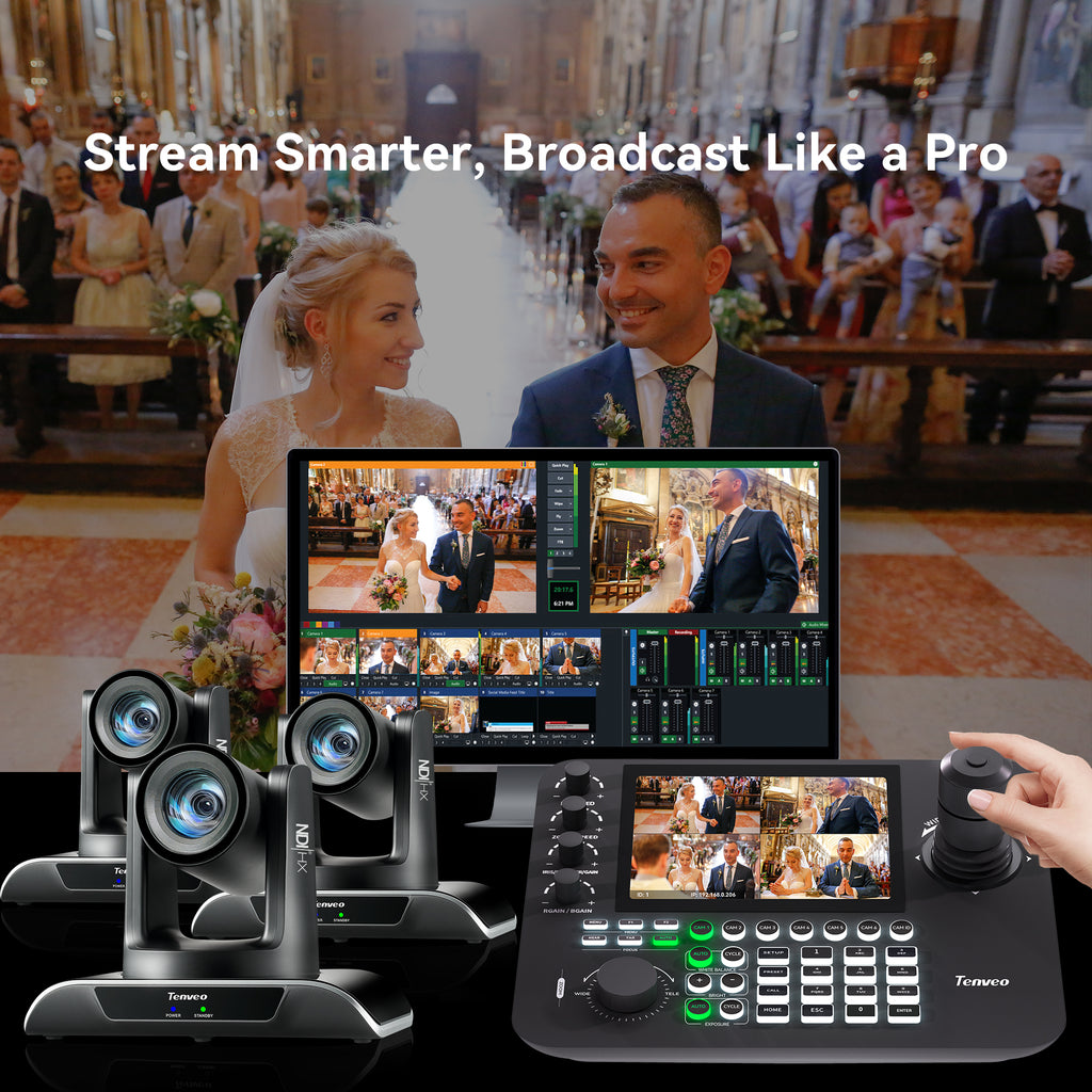 Tenveo NDI PTZ Camera Joystick Controller with 7" LCD Quad-Screen Preview & 4D Joystick for Live Streaming and Church Production