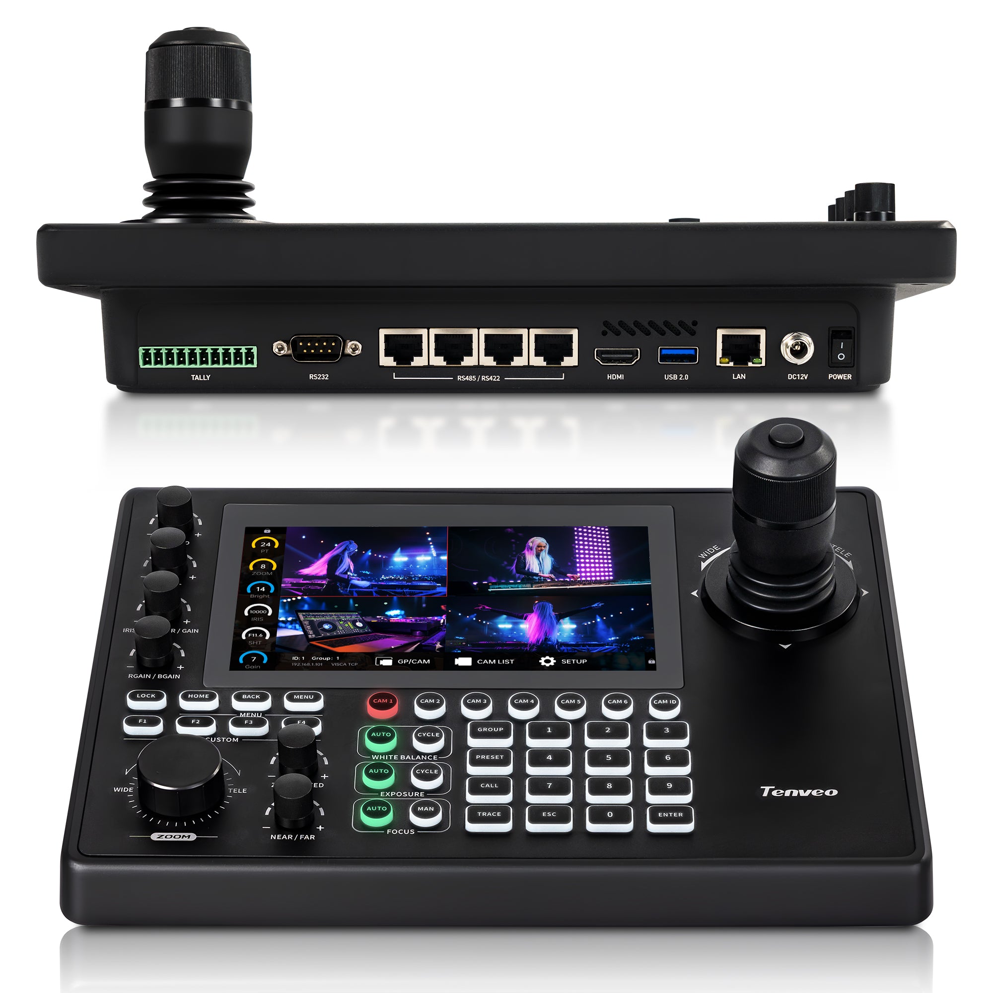 Tenveo KB500 NDI PTZ Joystick Controller, 7" Quad-View Touchscreen, 4D Joystick, 4K60 Preview, Camera Group Control, HDMI, Tally, NDI|HX3, VISCA, ONVIF & Pelco