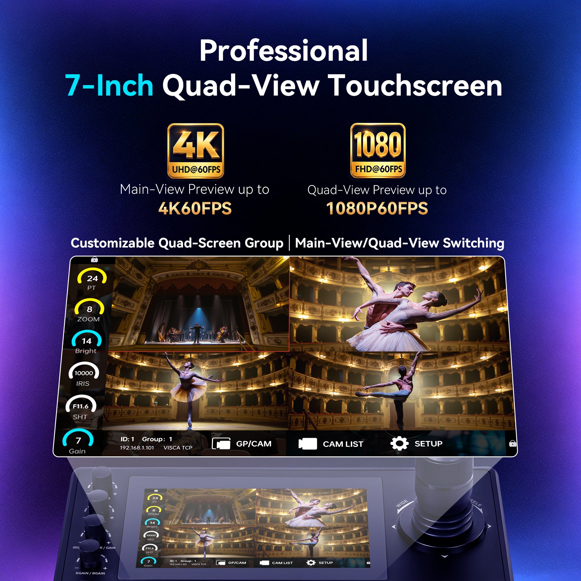 Tenveo KB500 NDI PTZ Joystick Controller, 7" Quad-View Touchscreen, 4D Joystick, 4K60 Preview, Camera Group Control, HDMI, Tally, NDI|HX3, VISCA, ONVIF & Pelco