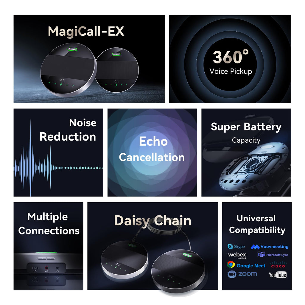 Tenveo MagiCall-EX M5BEX Bluetooth Conference Speakerphone – Daisy Chain for 20–30 Attendees, 360° Voice Pickup, USB & Wireless Speakerphone for Medium to Large Meeting Rooms
