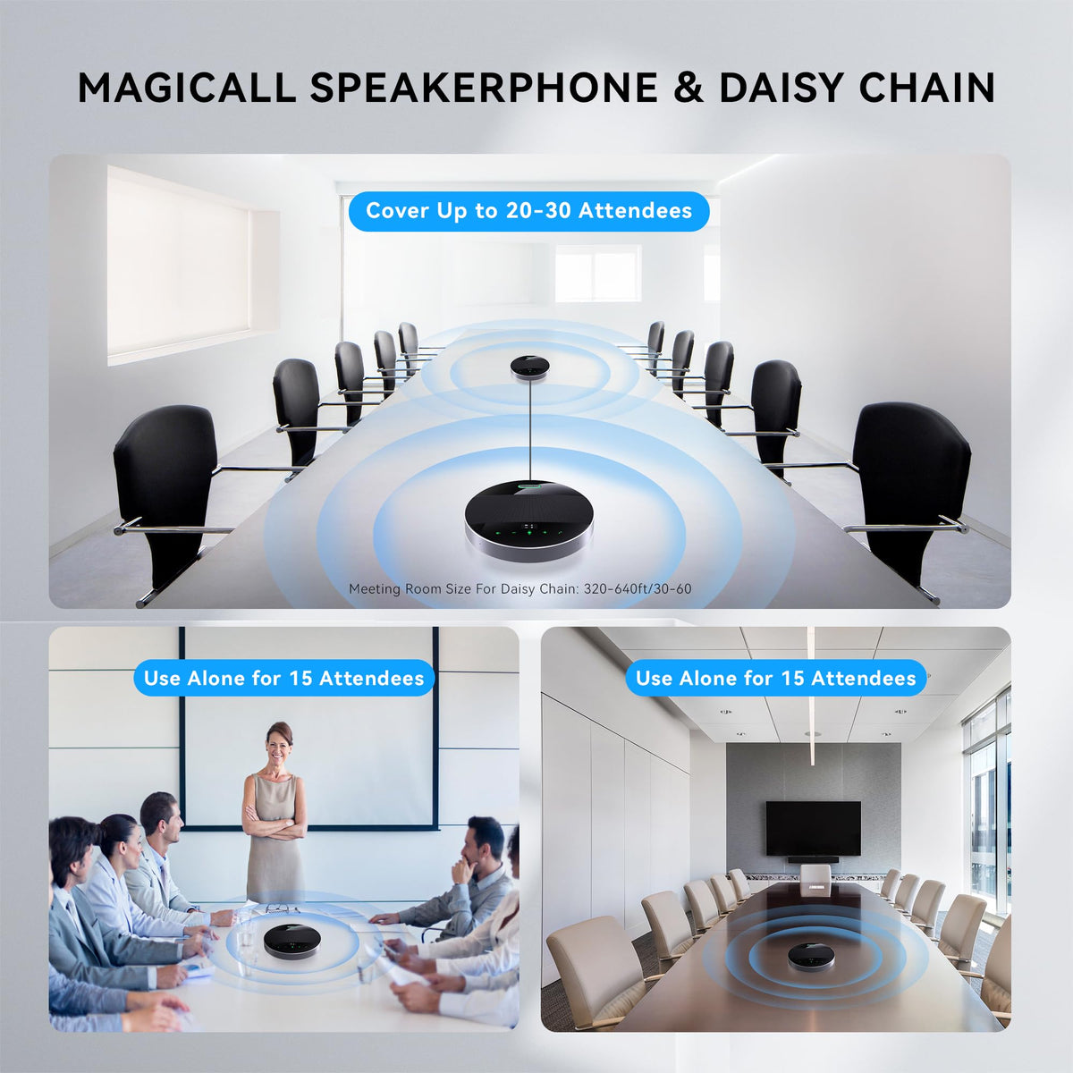 Tenveo MagiCall-EX M5BEX Bluetooth Conference Speakerphone – Daisy Chain for 20–30 Attendees, 360° Voice Pickup, USB & Wireless Speakerphone for Medium to Large Meeting Rooms