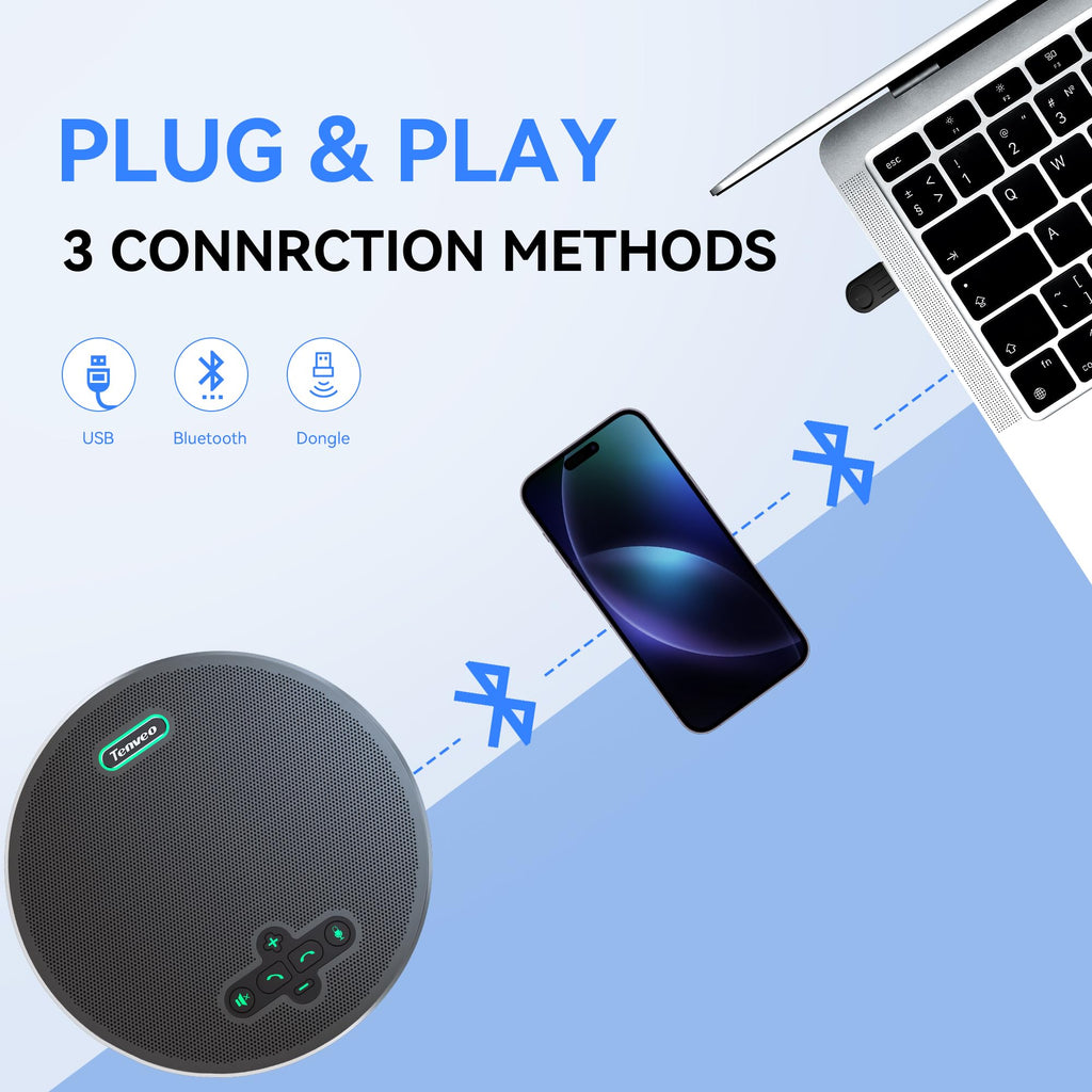 Tenveo MagiCallPro Bluetooth Conference Speakerphone – 360° AI Noise Cancellation, 8 Microphones, USB/Bluetooth/Wireless Dongle, Hi-Fi Speaker for Zoom/Teams/OBS, 18H Battery for 12–15 People