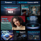 Tenveo 4K 60FPS NDI PTZ Camera,  AI Auto-Tracking, 20X Optical Zoom, 1/1.8" 8.42MP CMOS, HDMI/USB/3G-SDI/LAN & PoE