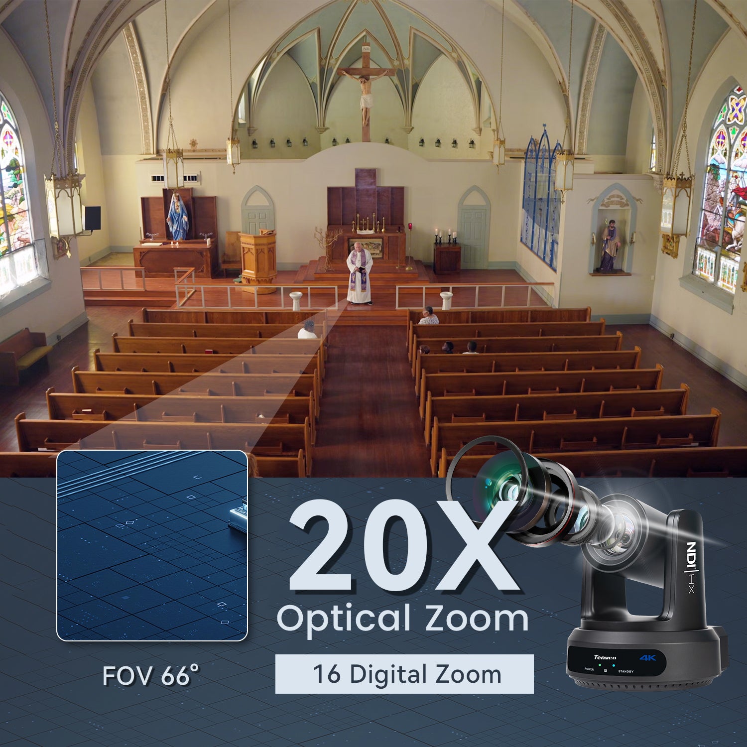 Tenveo 4K 60FPS NDI PTZ Camera,  AI Auto-Tracking, 20X Optical Zoom, 1/1.8" 8.42MP CMOS, HDMI/USB/3G-SDI/LAN & PoE