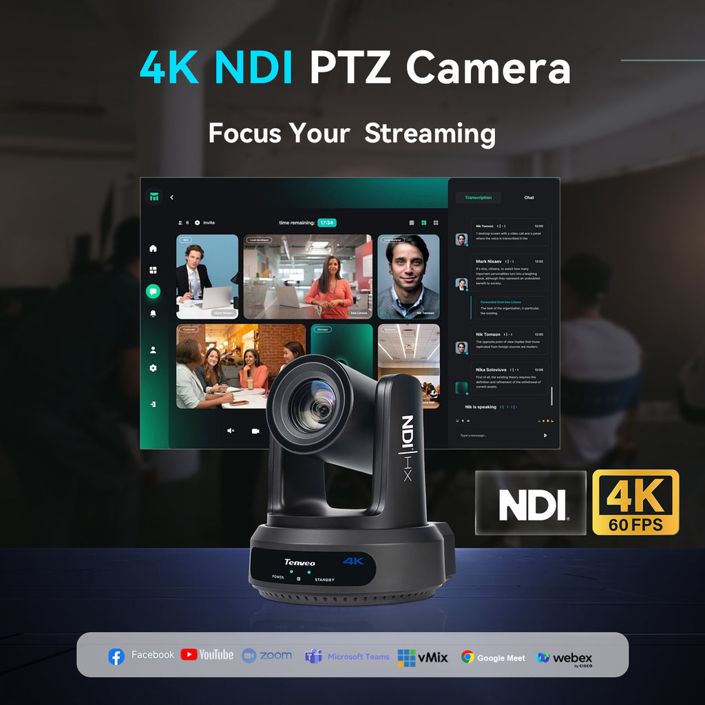 Tenveo 4K 60FPS NDI PTZ Camera,  AI Auto-Tracking, 20X Optical Zoom, 1/1.8" 8.42MP CMOS, HDMI/USB/3G-SDI/LAN & PoE