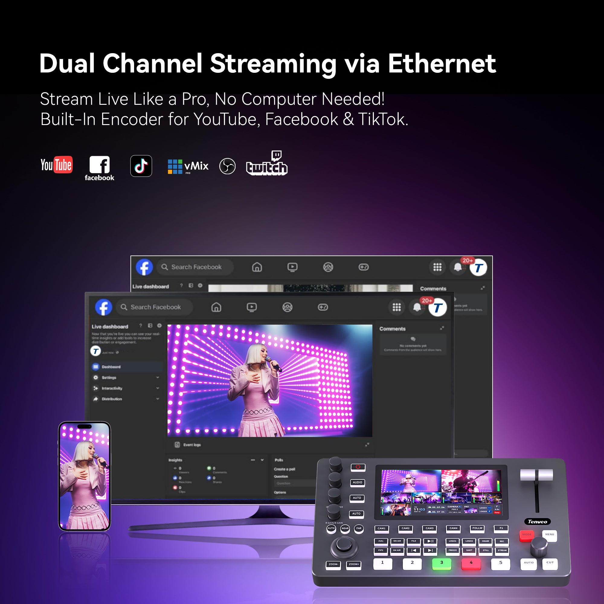 Tenveo PC500 4K60 HDMI & SDI Video Switcher | 5-Channel Live Streaming Mixer with PTZ Control, NDI, Dual Streaming & USB Recording