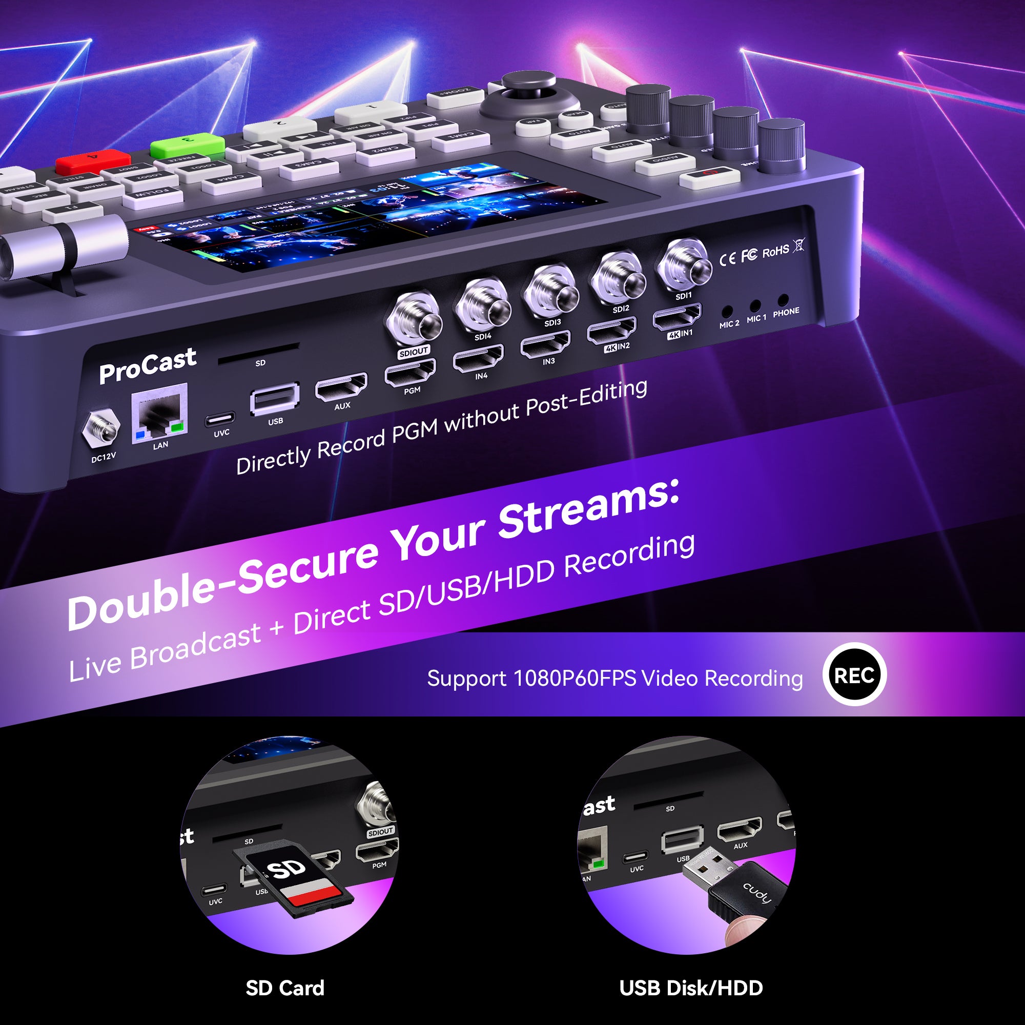 Tenveo PC500 4K60 HDMI & SDI Video Switcher | 5-Channel Live Streaming Mixer with PTZ Control, NDI, Dual Streaming & USB Recording