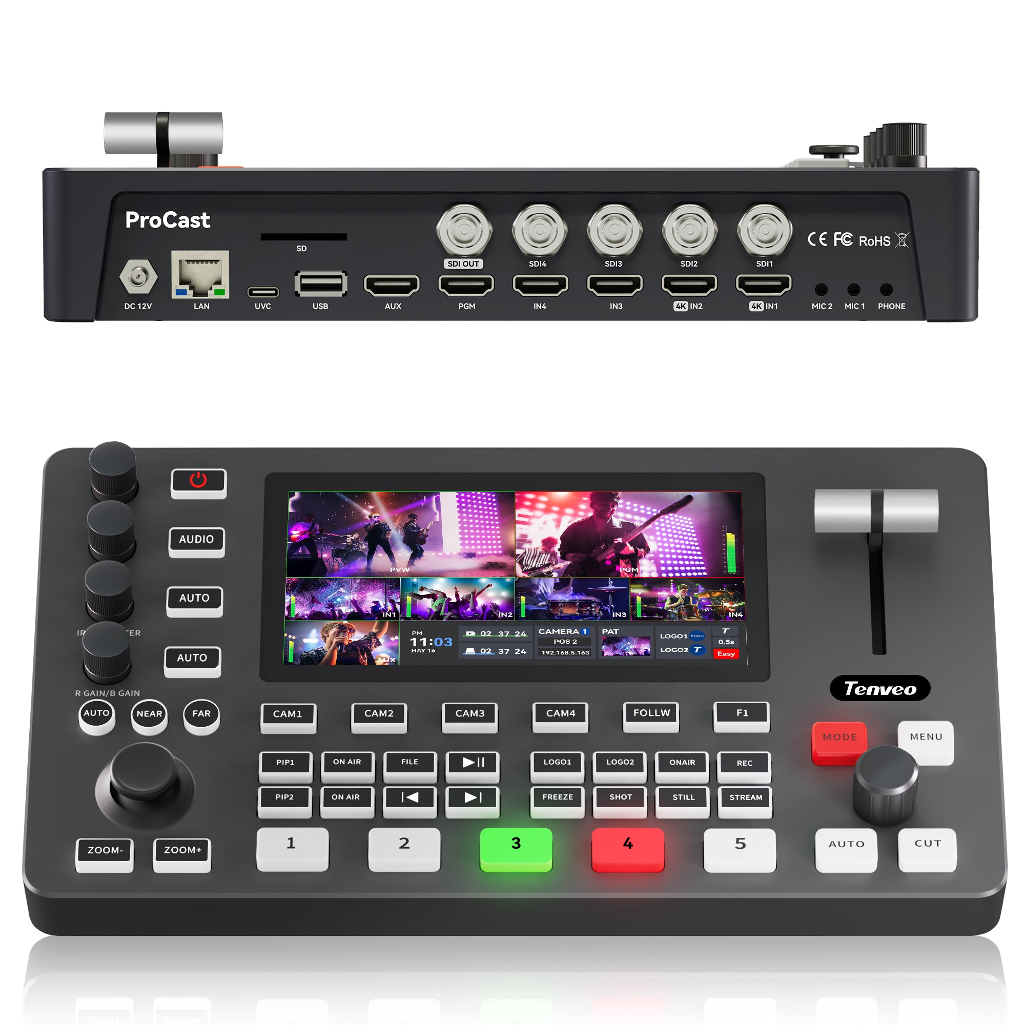 Tenveo PC500 4K60 HDMI & SDI Video Switcher | 5-Channel Live Streaming Mixer with PTZ Control, NDI, Dual Streaming & USB Recording