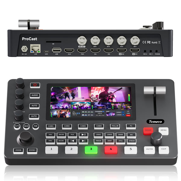 Tenveo PC500 4K60 HDMI & SDI Video Switcher | 5-Channel Live Streaming Mixer with PTZ Control, NDI, Dual Streaming & USB Recording