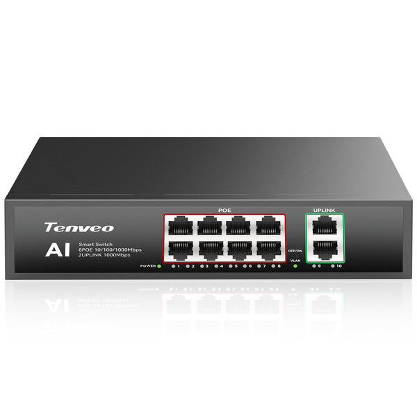 Tenveo 8 Port Gigabit PoE Switch, 120W PoE+ Ethernet Switch with 8 PoE Ports & 2 Uplink Ports, Plug & Play, VLAN Support, Fanless Metal Design, Smart Managed Network Switch for IP Cameras, WiFi AP & Live Streaming