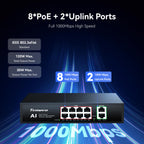 Tenveo 8 Port Gigabit PoE Switch, 120W PoE+ Ethernet Switch with 8 PoE Ports & 2 Uplink Ports, Plug & Play, VLAN Support, Fanless Metal Design, Smart Managed Network Switch for IP Cameras, WiFi AP & Live Streaming