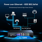 Tenveo 8 Port Gigabit PoE Switch, 120W PoE+ Ethernet Switch with 8 PoE Ports & 2 Uplink Ports, Plug & Play, VLAN Support, Fanless Metal Design, Smart Managed Network Switch for IP Cameras, WiFi AP & Live Streaming