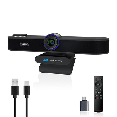 Tenveo 3-in-1 4K Webcam with Microphone & Speaker, AI Auto Framing, 5X Digital Zoom, Adjustable FOV & Remote Control, Plug-and-Play USB Webcam for Zoom, Teams, Google Meet, PC/Mac