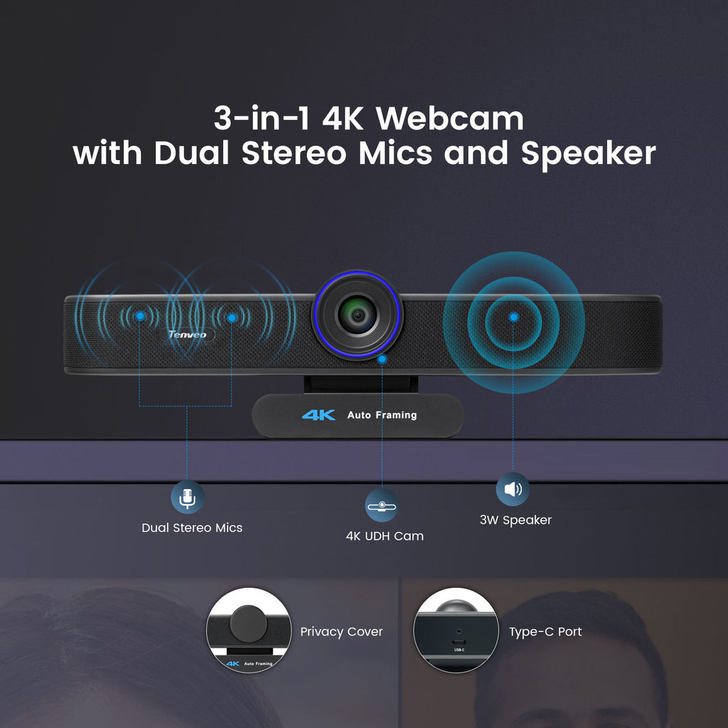 Tenveo 3-in-1 4K Webcam with Microphone & Speaker, AI Auto Framing, 5X Digital Zoom, Adjustable FOV & Remote Control, Plug-and-Play USB Webcam for Zoom, Teams, Google Meet, PC/Mac