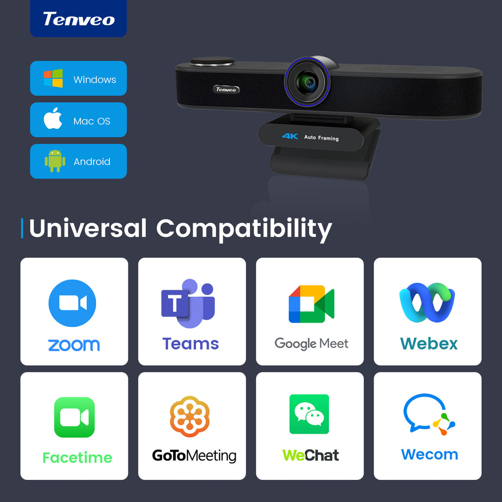 Tenveo 3-in-1 4K Webcam with Microphone & Speaker, AI Auto Framing, 5X Digital Zoom, Adjustable FOV & Remote Control, Plug-and-Play USB Webcam for Zoom, Teams, Google Meet, PC/Mac