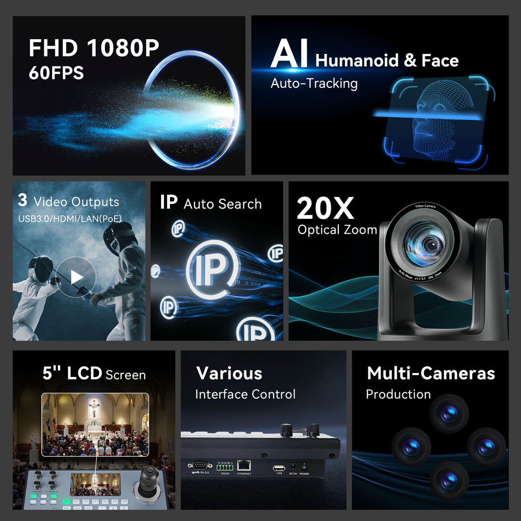 Tenveo AI Humanoid & Face Tracking PTZ Camera, 20X Optical Zoom, USB3.0/HDMI/PoE IP, 1080P 60FPS