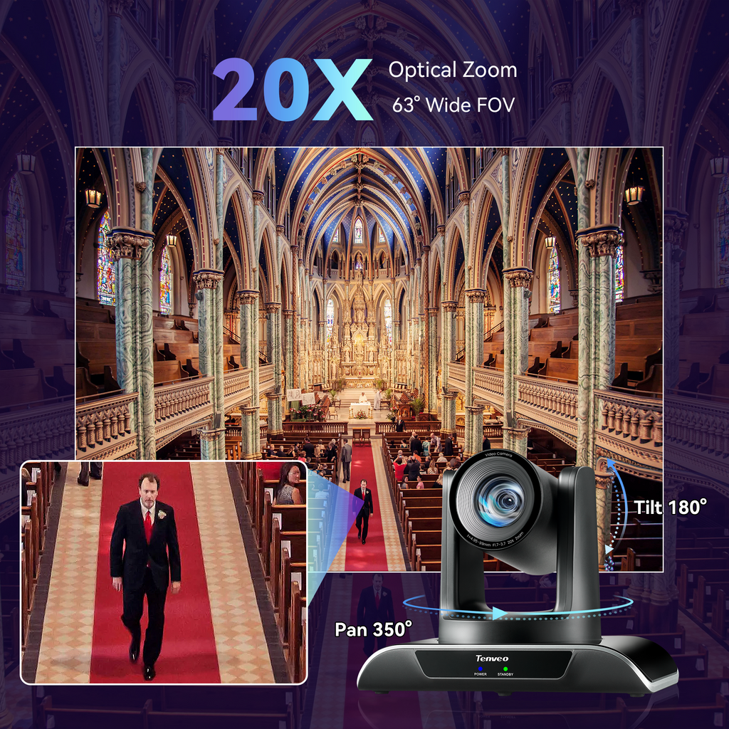 Tenveo AI Humanoid & Face Tracking PTZ Camera, 20X Optical Zoom, USB3.0/HDMI/PoE IP, 1080P 60FPS