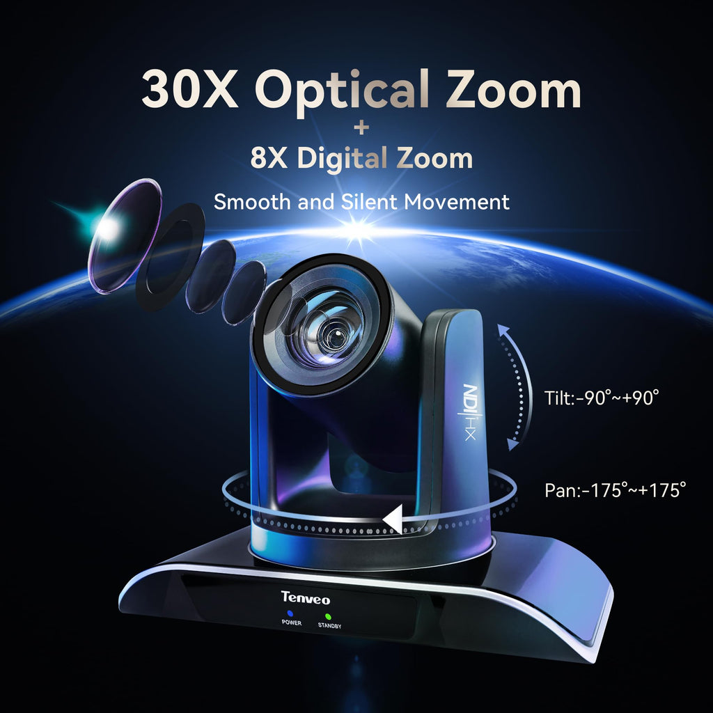Tenveo AI Auto-Tracking NDI PTZ Camera – 20X Optical Zoom + 8X Digital, 3G-SDI/HDMI/USB3.0/LAN (PoE), 1080P60 for Live Streaming