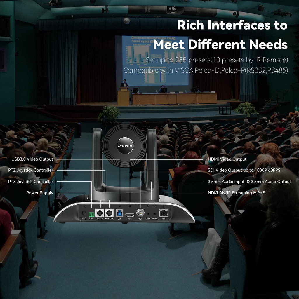 Tenveo AI Auto-Tracking NDI PTZ Camera – 20X Optical Zoom + 8X Digital, 3G-SDI/HDMI/USB3.0/LAN (PoE), 1080P60 for Live Streaming