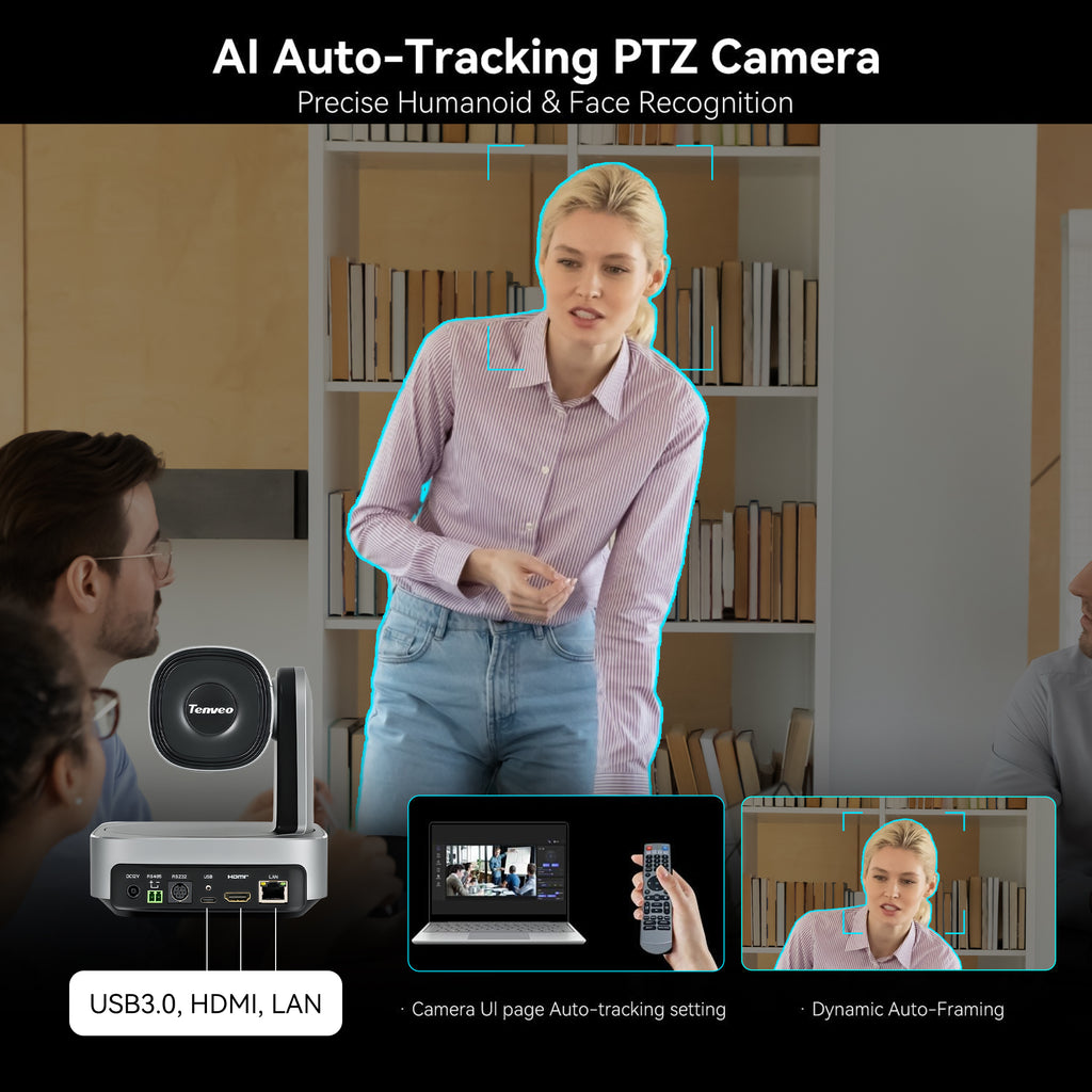Tenveo Zoom Certified AI Auto-Tracking PTZ Camera with 20X Optical Zoom, 1080P 60FPS, HDMI, USB, IP Streaming & PoE