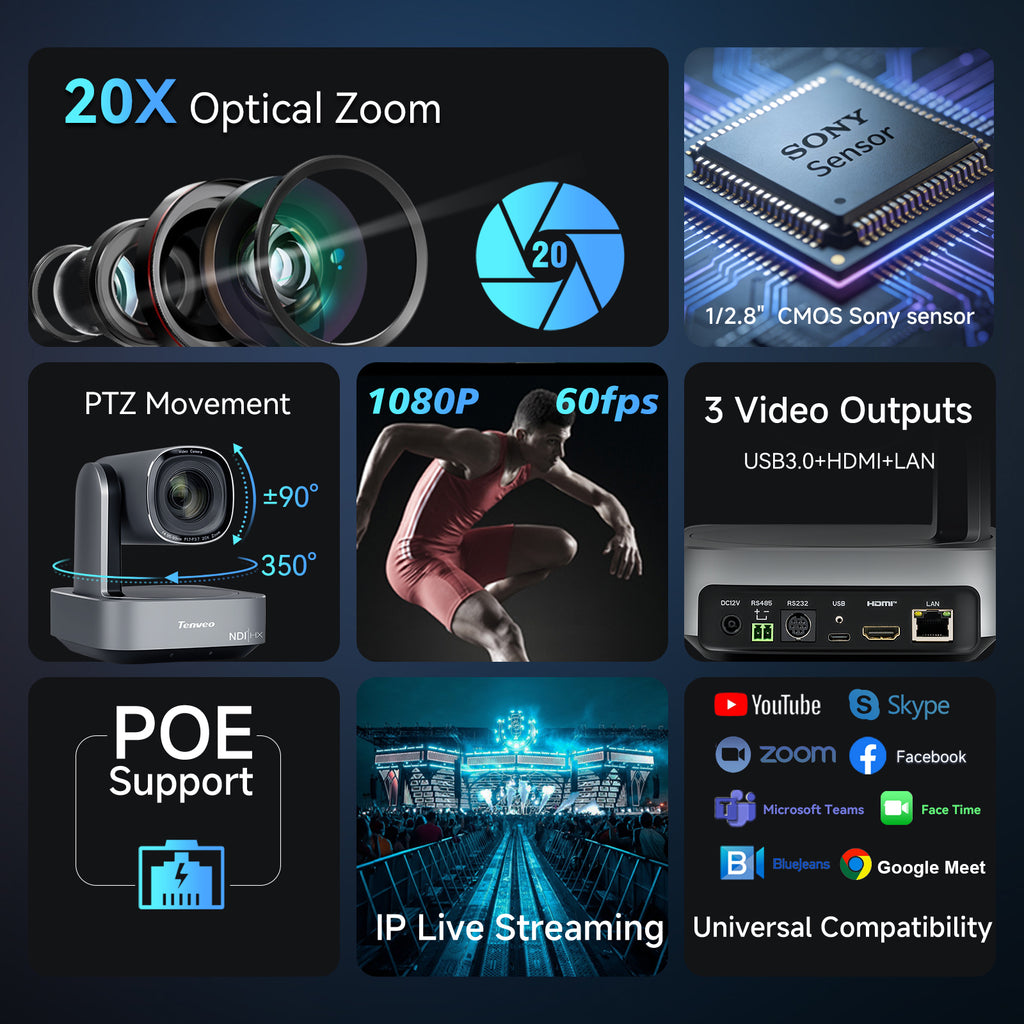 Tenveo Zoom Certified AI Auto-Tracking PTZ Camera with 20X Optical Zoom, 1080P 60FPS, HDMI, USB, IP Streaming & PoE