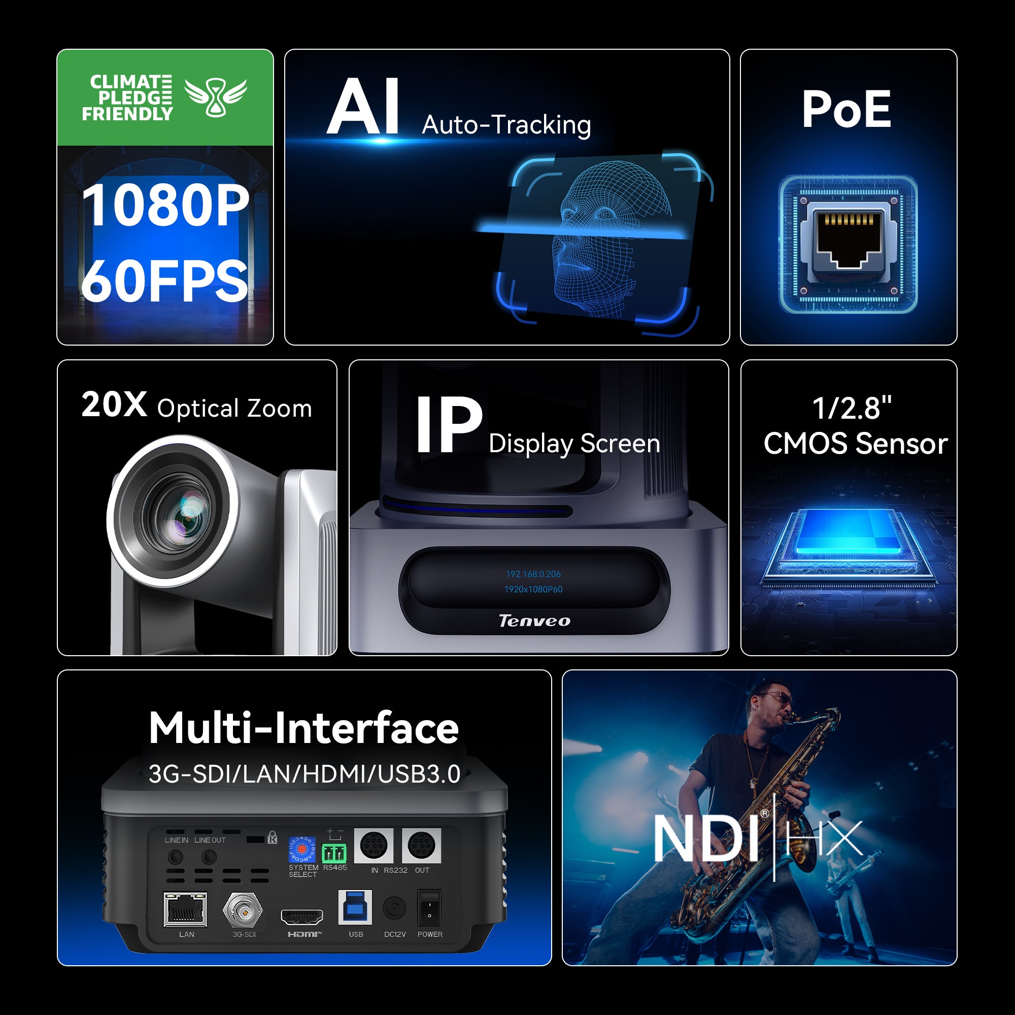 Tenveo 4K NDI PTZ Camera with AI Auto-Tracking, 20X Optical Zoom, HDMI/3G-SDI/USB3.0/LAN PoE for OBS, Zoom & vMix