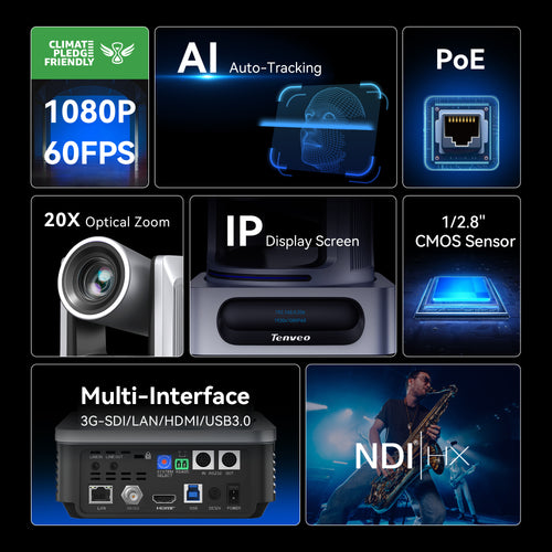 Tenveo 4K NDI PTZ Camera with AI Auto-Tracking, 20X Optical Zoom, HDMI/3G-SDI/USB3.0/LAN PoE for OBS, Zoom & vMix