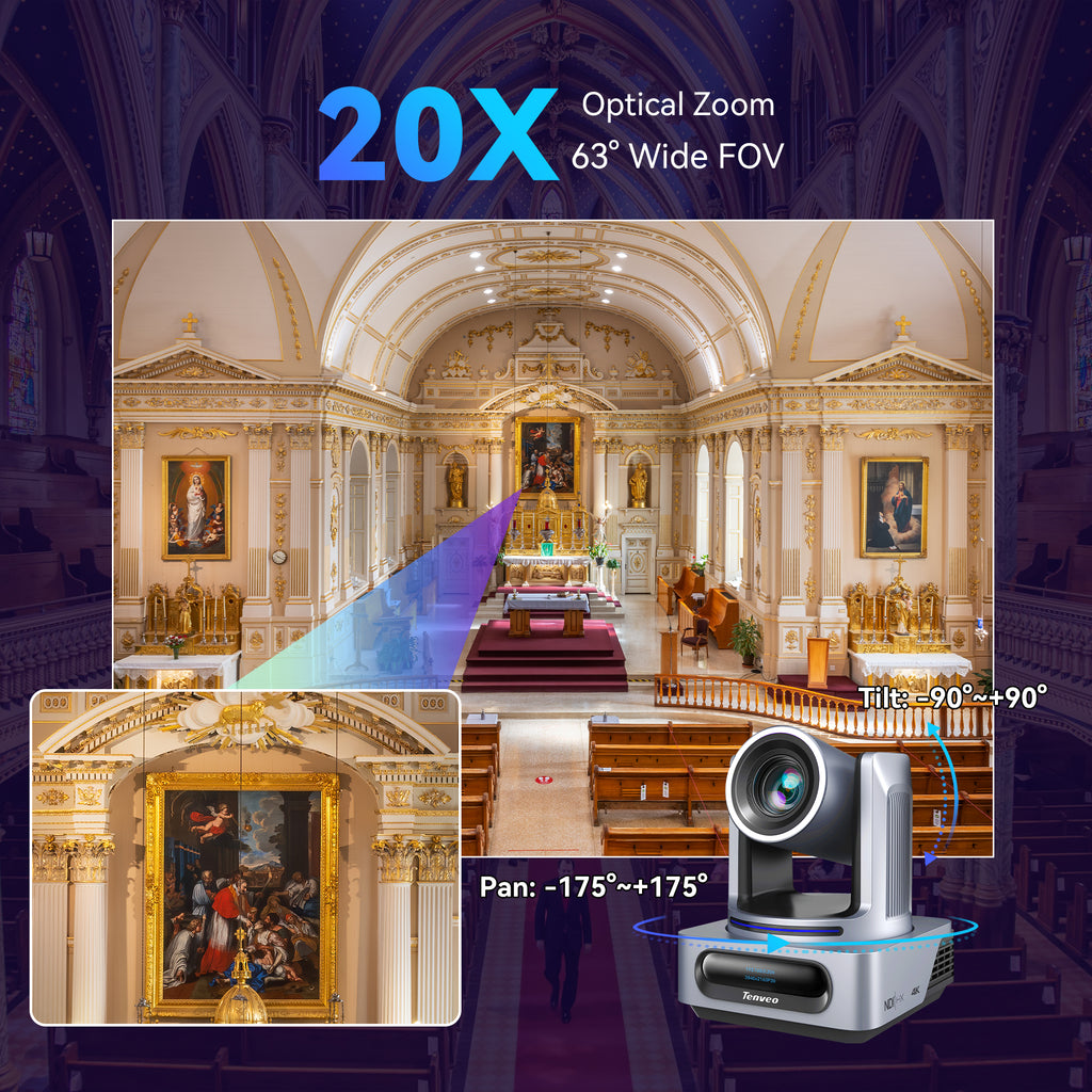 Tenveo 4K NDI PTZ Camera with AI Auto-Tracking, 20X Optical Zoom, HDMI/3G-SDI/USB3.0/LAN PoE for OBS, Zoom & vMix