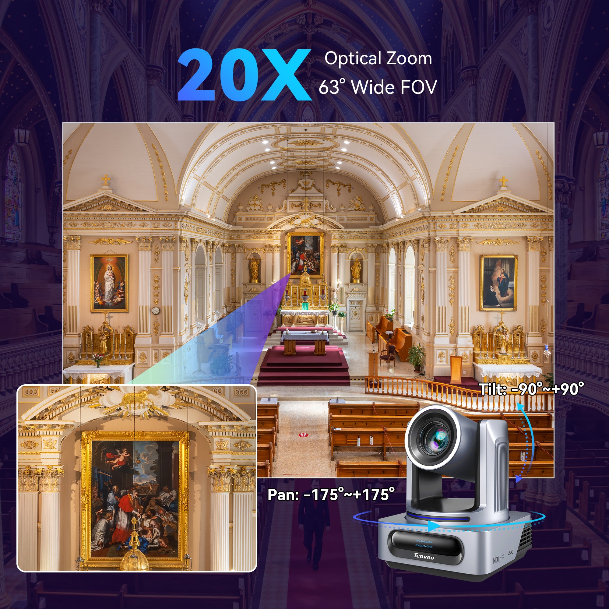 Tenveo 4K NDI PTZ Camera with AI Auto-Tracking, 20X Optical Zoom, HDMI/3G-SDI/USB3.0/LAN PoE for OBS, Zoom & vMix