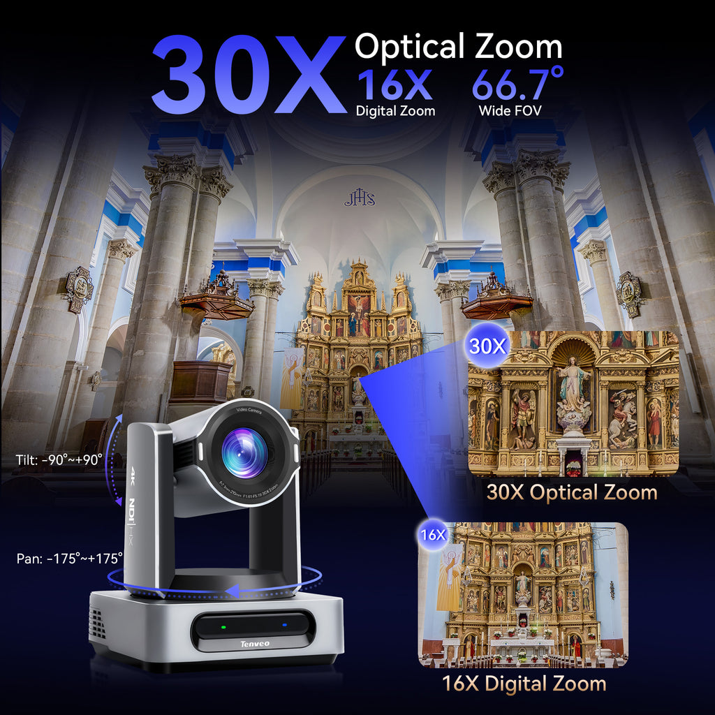 Tenveo VX30M-Ultra 4K60 NDI PTZ Camera with AI Auto Tracking | 30X Optical Zoom, SDI/HDMI/USB3.0/PoE for Live Streaming & Video Production