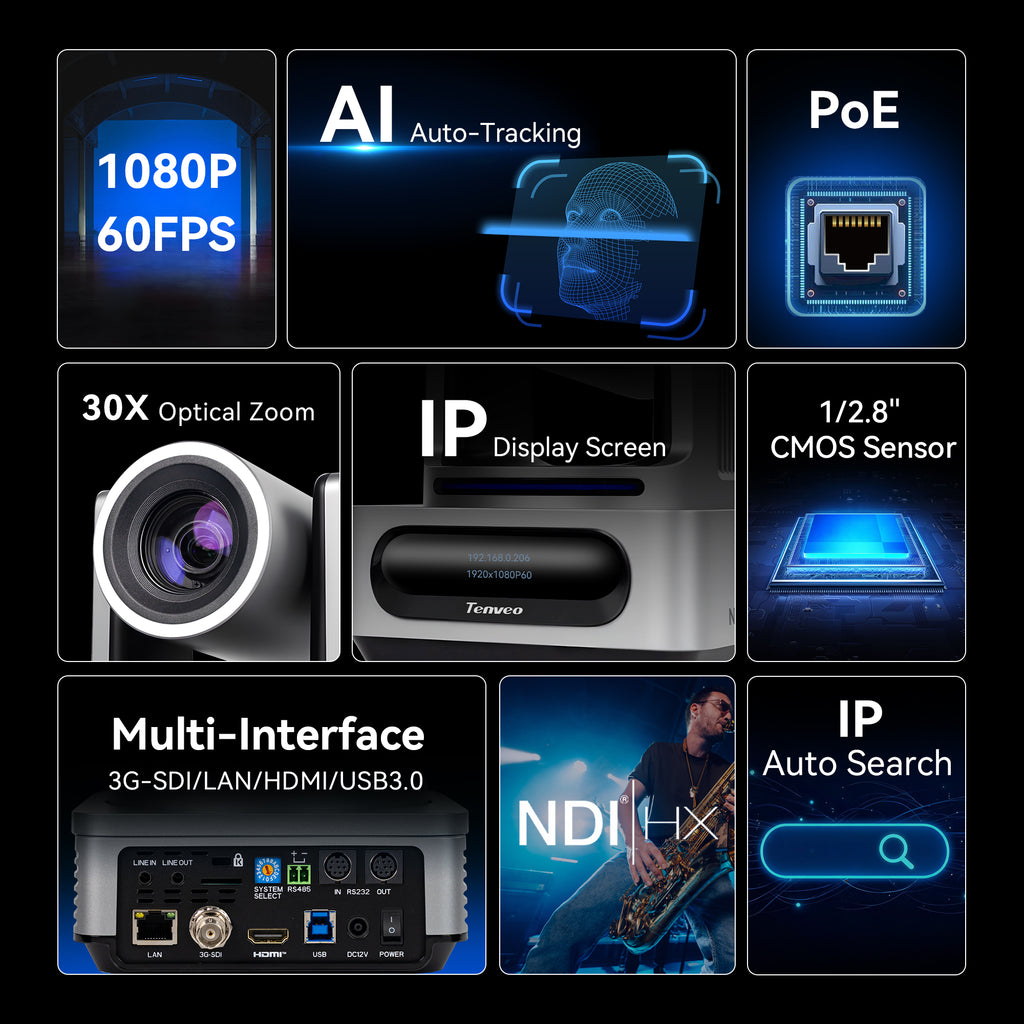 Tenveo VX Series NDI® PTZ Camera with AI Auto Tracking | 30X Optical Zoom, 1080P 60fps, 3G-SDI, HDMI, USB 3.0 & PoE