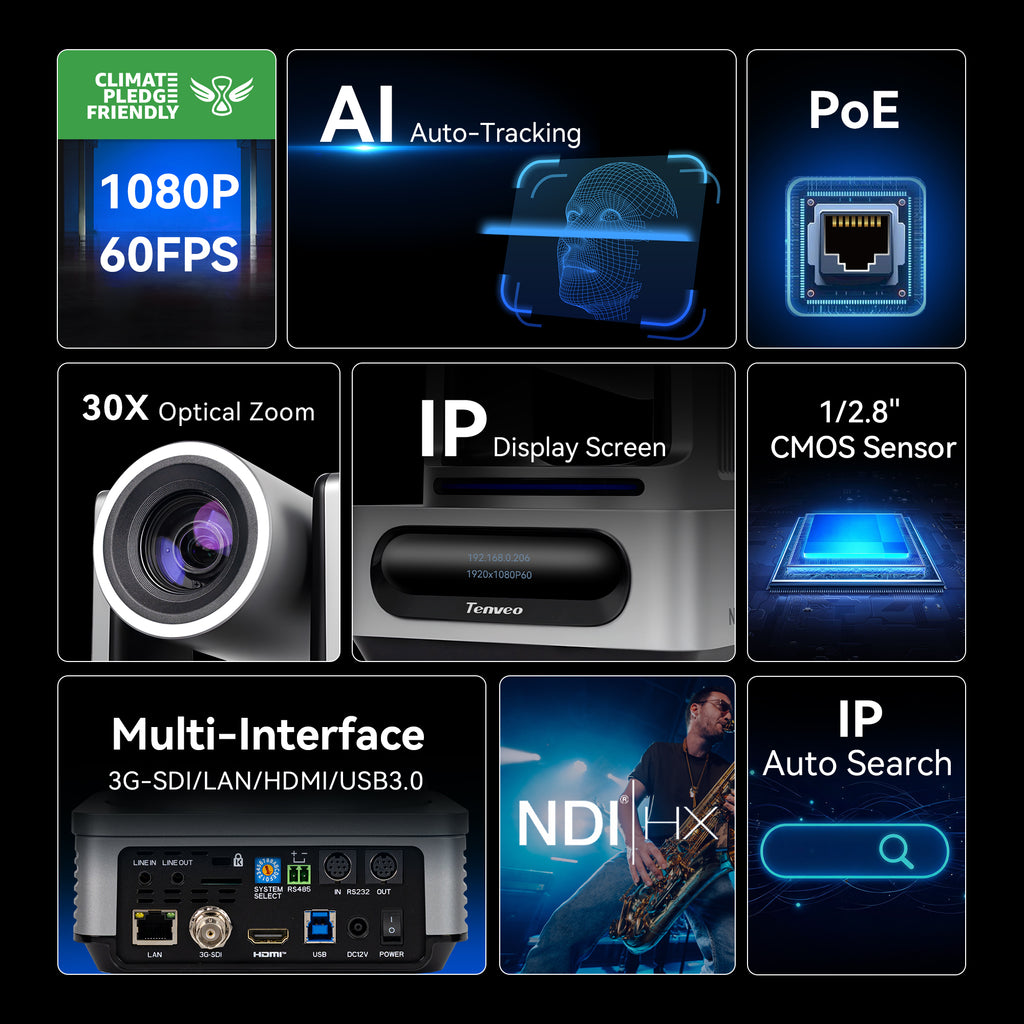 Tenveo VX Series NDI® PTZ Camera with AI Auto Tracking | 30X Optical Zoom, 1080P 60fps, 3G-SDI, HDMI, USB 3.0 & PoE