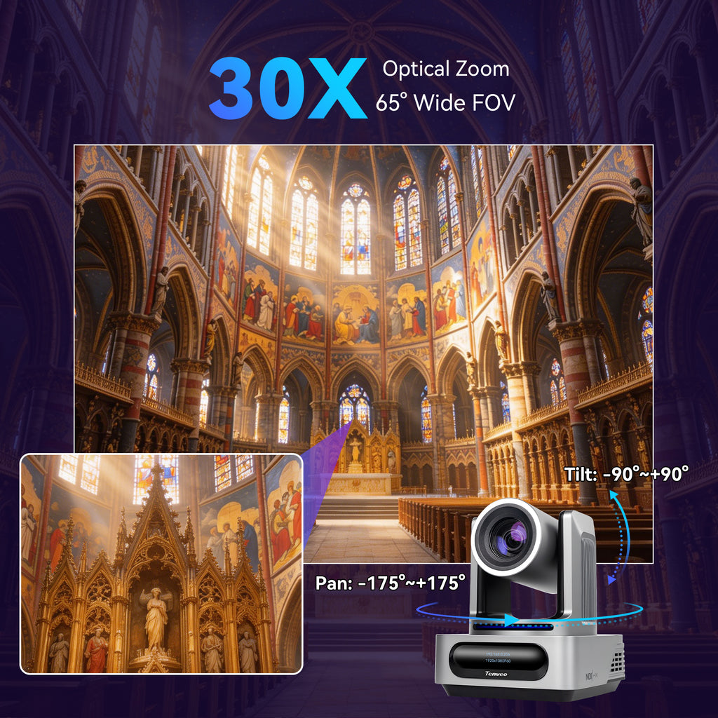 Tenveo VX Series NDI® PTZ Camera with AI Auto Tracking | 30X Optical Zoom, 1080P 60fps, 3G-SDI, HDMI, USB 3.0 & PoE